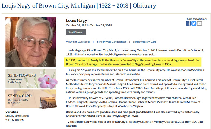 Brown City Theater - Obituary For Louis Nagy Who Built The Theater (newer photo)